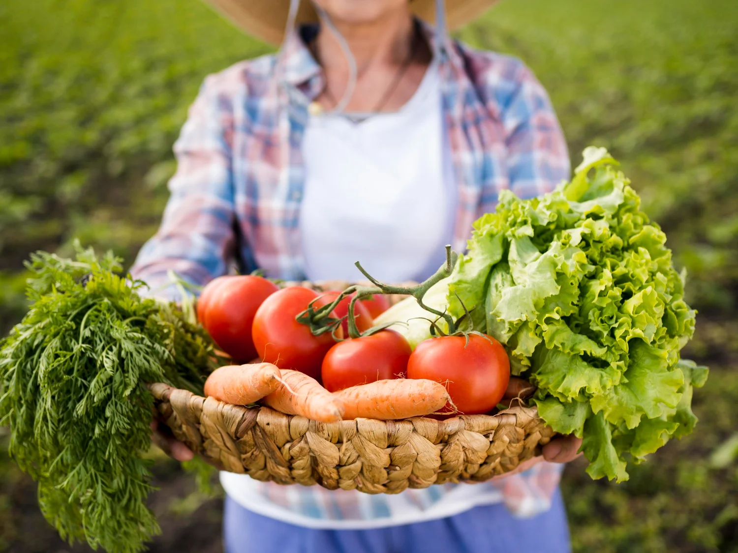 Mujer con cesta llena de tomates
